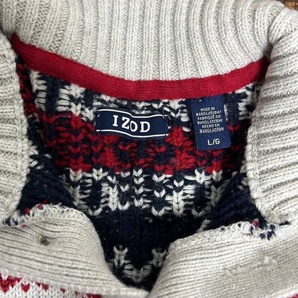 Izod Sweater FairIsle pattern Heathered cream with red and black Holiday L - Picture 6 of 13